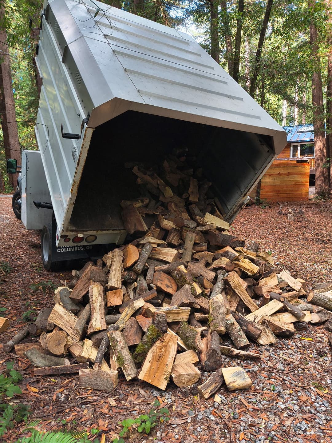 Dump trailer lifting to unload tree debris at a work site