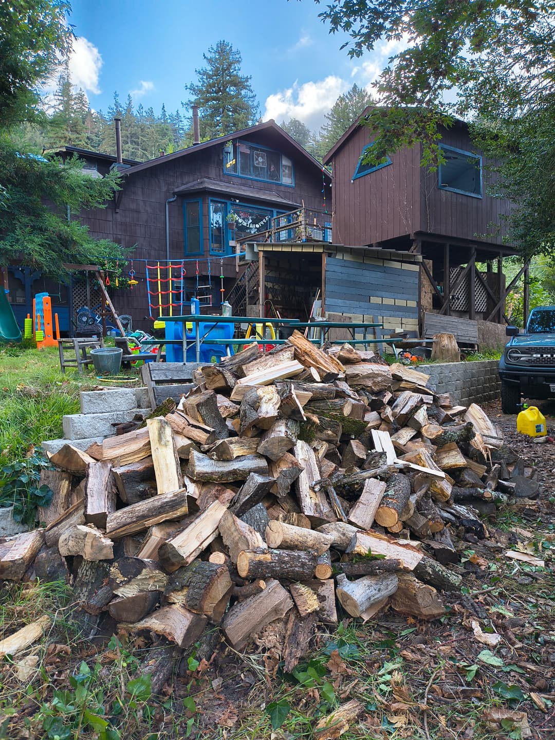 Large pile of split firewood stacked in front of mountain cabin after tree service in Santa Cruz Mountains