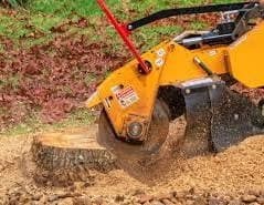 Professional stump grinder machine grinding tree stump close-up during stump removal service